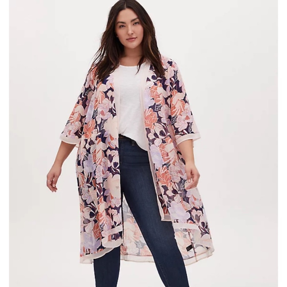 LIGHT PINK FLORAL CHIFFON HI-LO DUSTER KIMONO